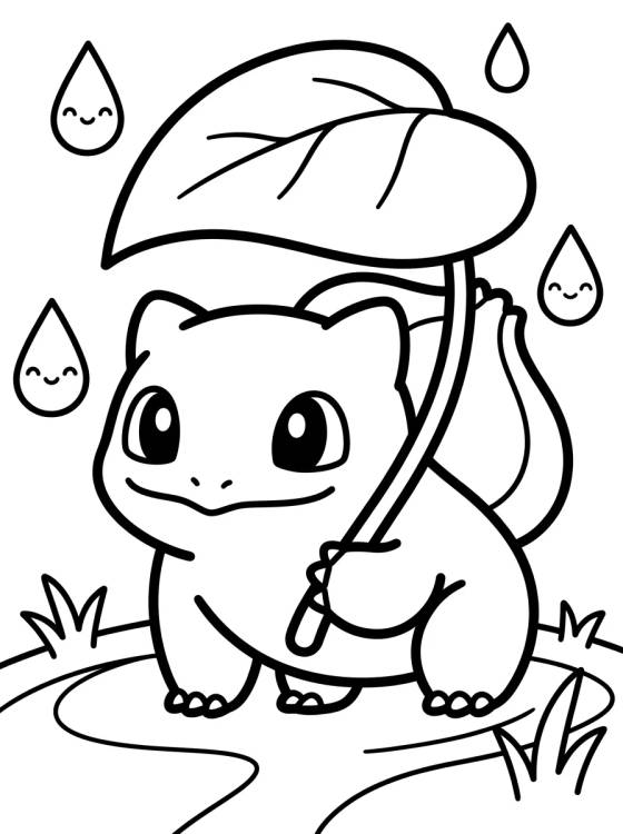 Desenho de Bulbasauro na Chuva com Folha para colorir e imprimir grátis