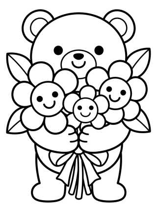 Desenho de Buquê de Flores com Ursinho Kawaii para colorir e imprimir grátis