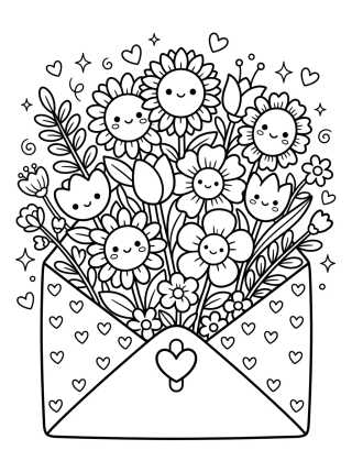 Desenho de Buquê de Flores Mix no Envelope para colorir e imprimir grátis