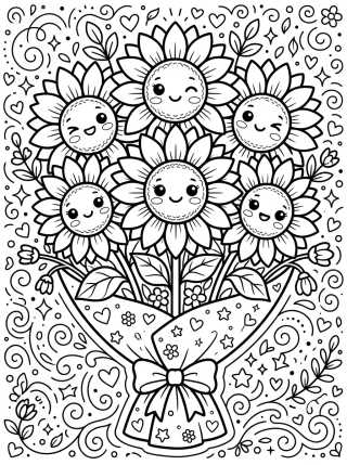 Desenho de Buquê de Girassóis Felizes para colorir e imprimir grátis