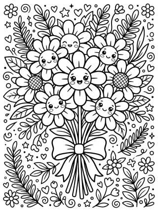 Desenho de Buquê de Margaridas Sorridentes para colorir e imprimir grátis