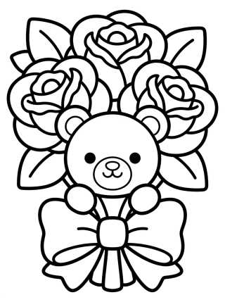 Desenho de Buquê de Rosas com Ursinho Fofo para colorir e imprimir grátis