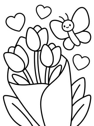 Desenho de Buquê de Tulipas e Borboleta para colorir e imprimir grátis