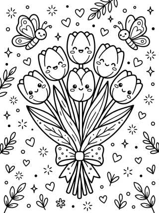 Desenho de Buquê de Tulipas e Borboletas para colorir e imprimir grátis