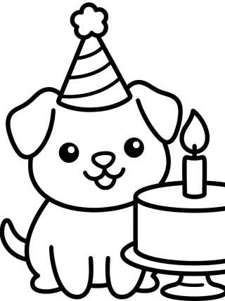 Desenho de Cachorrinho com Chapéu de Aniversário para colorir e imprimir grátis
