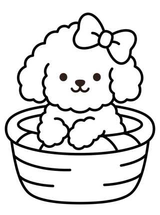 Desenho de Filhote de Poodle na Cestinha para colorir e imprimir grátis
