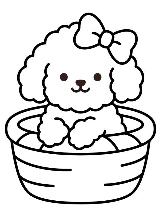 Desenho de Filhote de Poodle na Cestinha para colorir e imprimir grátis