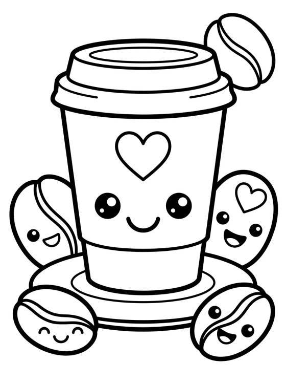 Desenho de Copo de Café Kawaii Sorridente para colorir e imprimir grátis