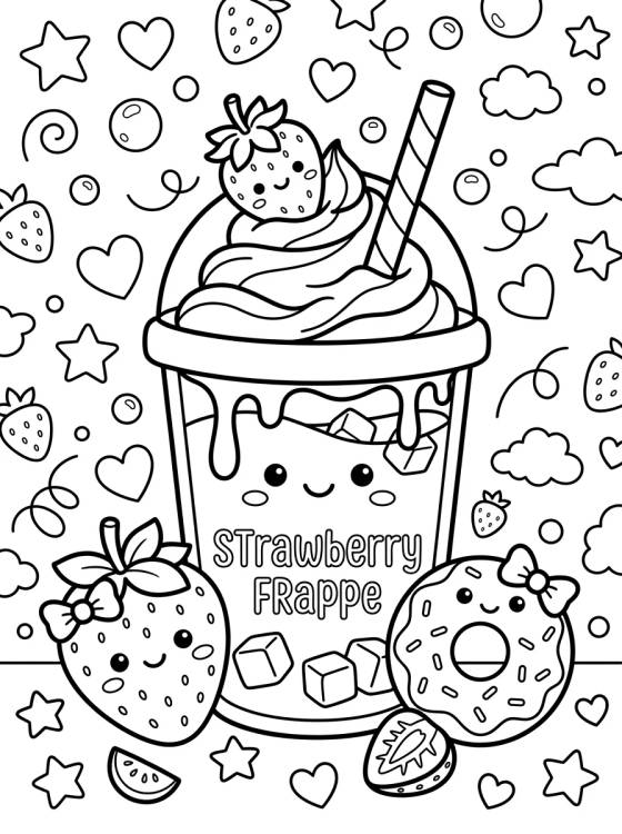 Desenho de Frappuccino Kawaii com Morango para colorir e imprimir grátis