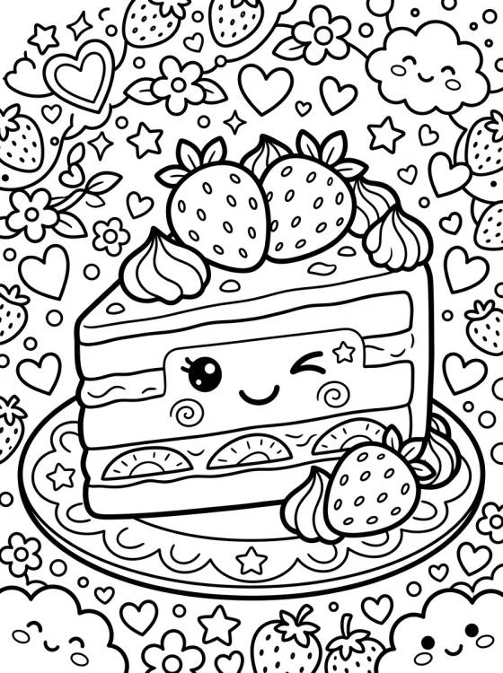 Desenho de Bolo de Morango Kawaii para colorir e imprimir grátis