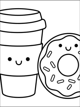Desenho de Copo de Café Kawaii e Donut para colorir e imprimir grátis