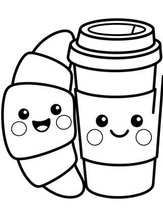 Desenho de Croissant Fofo e Copo de Café para colorir e imprimir grátis