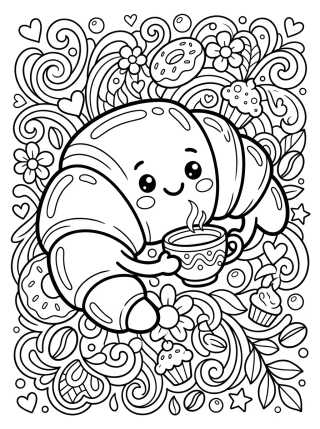 Desenho de Croissant Kawaii Sorridente para colorir e imprimir grátis