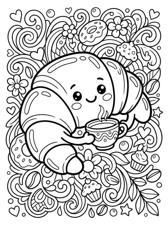 Desenho de Croissant Kawaii Sorridente para colorir e imprimir grátis