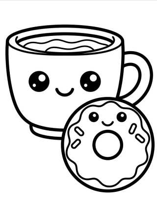 Xícara de Café e Donut Fofo para colorir Desenho de Xícara de Café e Donut Fofo para colorir e imprimir grátis