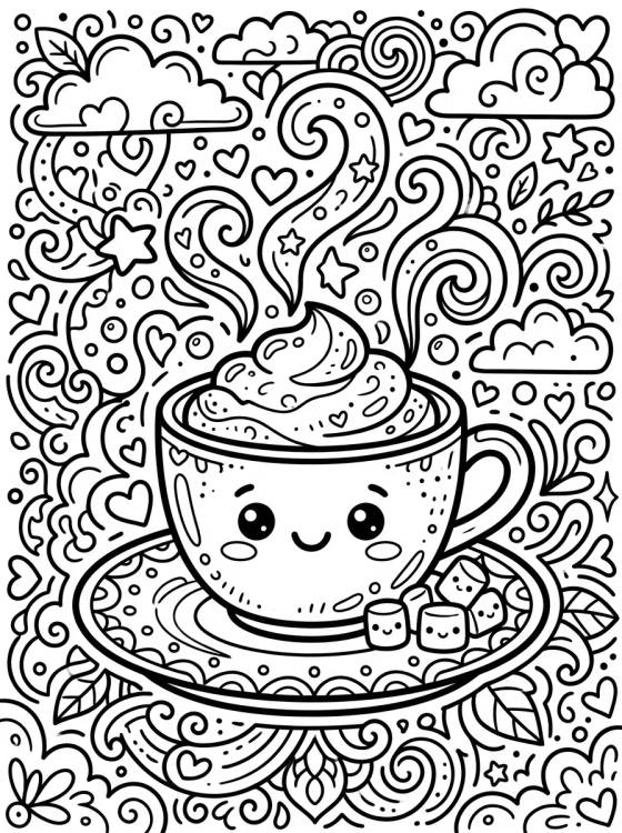 Desenho de Xícara de Cappuccino Kawaii para colorir e imprimir grátis