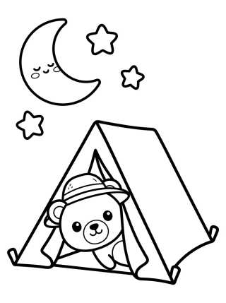 Desenho de Ursinho Fofo na Barraca de Acampamento para colorir e imprimir grátis