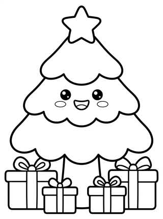 Árvore de Natal Kawaii com Presentes para colorir Desenho de Árvore de Natal Kawaii com Presentes para colorir e imprimir grátis