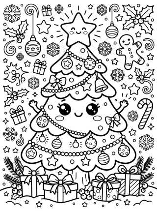 Desenho de Árvore de Natal Kawaii Sorridente para colorir e imprimir grátis