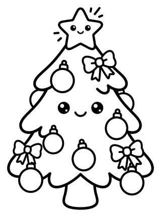 Desenho de Árvore de Natal Sorridente com Estrela Kawaii para colorir e imprimir grátis