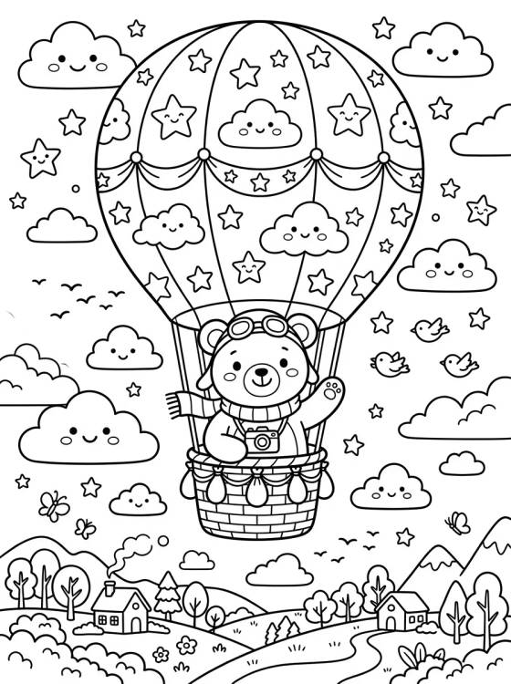 Desenho de Ursinho Viajante no Balão para colorir e imprimir grátis