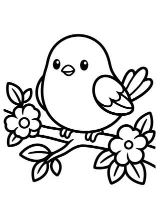 Desenho de Passarinho Kawaii no Galho Florido para colorir e imprimir grátis
