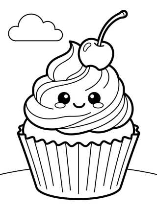 Cupcake Kawaii com Cereja para colorir Desenho de Cupcake Kawaii com Cereja para colorir e imprimir grátis