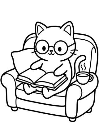 Desenho de Gatinho Fofo Lendo no Sofá para colorir e imprimir grátis