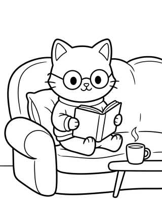 Desenho de Gatinho Lendo no Sofá Fofinho para colorir e imprimir grátis