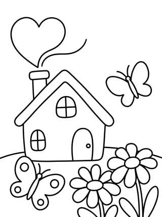 Casinha com Chaminé e Jardim de Flores para colorir Desenho de Casinha com Chaminé e Jardim de Flores para colorir e imprimir grátis