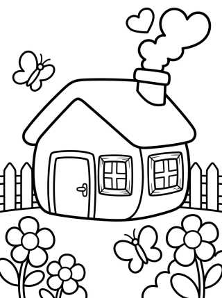 Desenho de Casinha de Campo com Chaminé e Flores para colorir e imprimir grátis