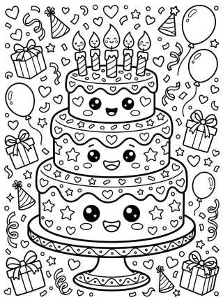 Desenho de Bolo de Aniversário Sorridente para colorir e imprimir grátis