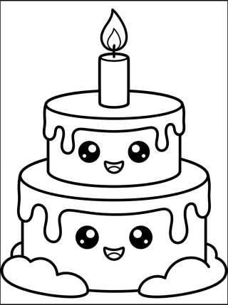 Desenho de Bolo de Aniversário Kawaii para colorir e imprimir grátis