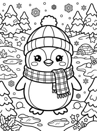Desenho de Pinguim Kawaii com Cachecol para colorir e imprimir grátis