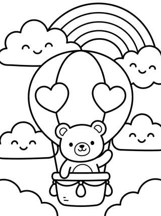 Desenho de Ursinho Kawaii no Balão de Ar Quente para colorir e imprimir grátis