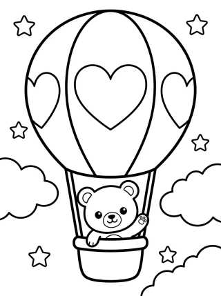 Desenho de Ursinho Fofo no Balão de Ar Quente para colorir e imprimir grátis