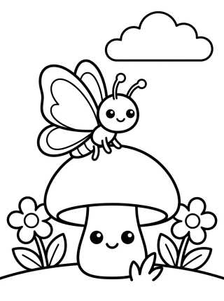 Desenho de Borboleta Kawaii no Cogumelo para colorir e imprimir grátis