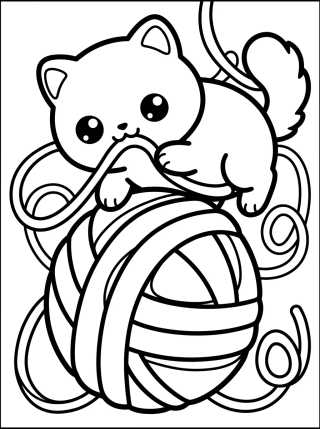 Desenho de Gatinho Kawaii no Novelo de Lã para colorir e imprimir grátis
