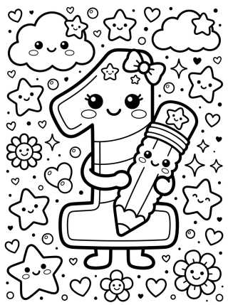 Número 1 Kawaii com Lápis para colorir Desenho de Número 1 Kawaii com Lápis para colorir e imprimir grátis