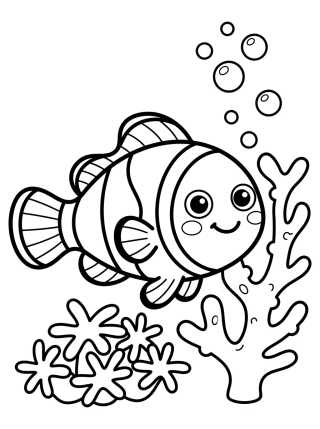 Desenho de Peixe-Palhaço Kawaii no Coral para colorir e imprimir grátis