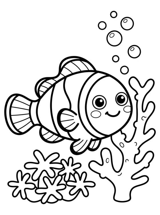 Desenho de Peixe-Palhaço Kawaii no Coral para colorir e imprimir grátis