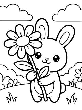 Desenho de Coelhinho Kawaii com Flor para colorir e imprimir grátis