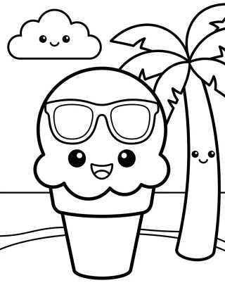 Desenho de Sorvete Kawaii na Praia para colorir e imprimir grátis