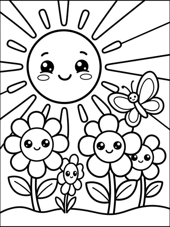 Desenho de Solzinho da Primavera e Florzinhas Fofas para colorir e imprimir grátis
