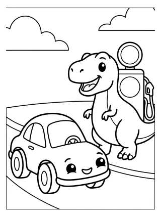 Desenho de Carro Fofo Fugindo do T-Rex para colorir e imprimir grátis