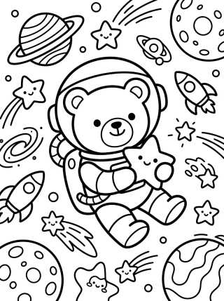 Desenho de Ursinho Astronauta nas Estrelas para colorir e imprimir grátis