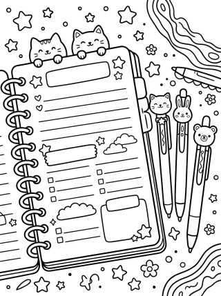 Desenho de Planner Aberto com Canetas Kawaii para colorir e imprimir grátis