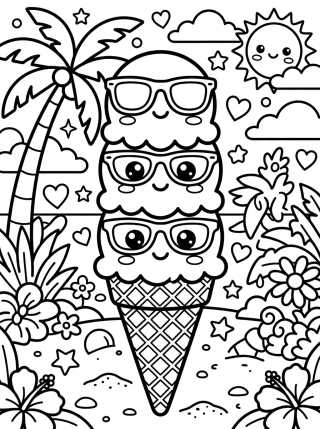 Desenho de Casquinha de Sorvete Kawaii com Óculos de Sol para colorir e imprimir grátis