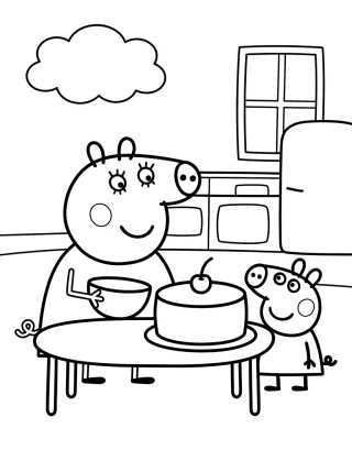 Desenho de Cozinha da Casa da Peppa com Bolo para colorir e imprimir grátis