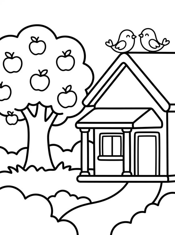 Desenho de Casinha de Campo com Árvore de Maçãs para colorir e imprimir grátis